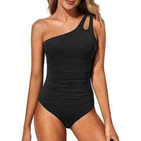 Women's Tummy Control One Piece Swimsuit, One Shoulder Full Coverage Bathing Suit (Option: Black-S)