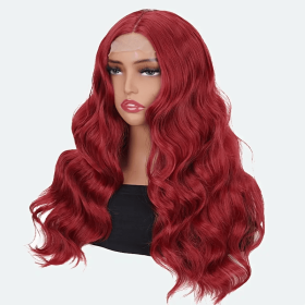 Elegant 24 Inch Red Wavy Synthetic Wig For Women, 4x1 Front Lace, High Temperature Fiber, Middle Part, Natural Look, Breathable, Comfortable, Ver (Option: Red-24inch)