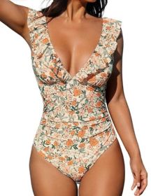 Belly One-piece V-neck Flounce Lace-up Multi-color Women's Swimsuit (Option: Apricot Floral-S)