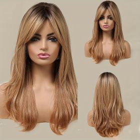 Elegant And Heat-resistant, Non-toxic Wig With Long Curly Hair And Waves, Synthetic Wig With Bangs, Daily Wig, Suitable For The Whole Scene. (Option: Gradient Brown-22inch)
