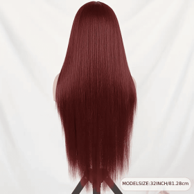 High Temperature Resistant Burgundy Long Straight Lace Non-toxic Wig, Pre-dial Hairline, Non-adhesive, Heat-resistant Synthetic Fiber, (Option: WineRed-32inch)
