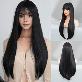 Stylish Synthetic Wig With Straight Hair, Non-toxic Wig, 26-inch Heat-resistant Long Black Hair, Bangs And Rose Net Hat, Suitable For The Whole S (Option: 1B-26inch)
