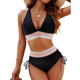 Women's High Waisted Bikini Sets Two Piece Tummy Control Swimsuit Color Block Bathing Suits (Option: Black-S)